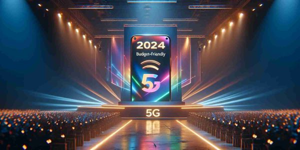 A hyper-realistic, high-definition image that shows the unveiling event of a budget-friendly 5G smartphone manufactured by an anonymous company in the year 2024. The phone has a sleek design, a large touch screen, and a 5G logo imprinted on it. The backdrop of the event is vibrantly lighted, with the text '2024 budget-friendly 5G smartphone launch' displayed prominently. The atmosphere is filled with excitement and anticipation.