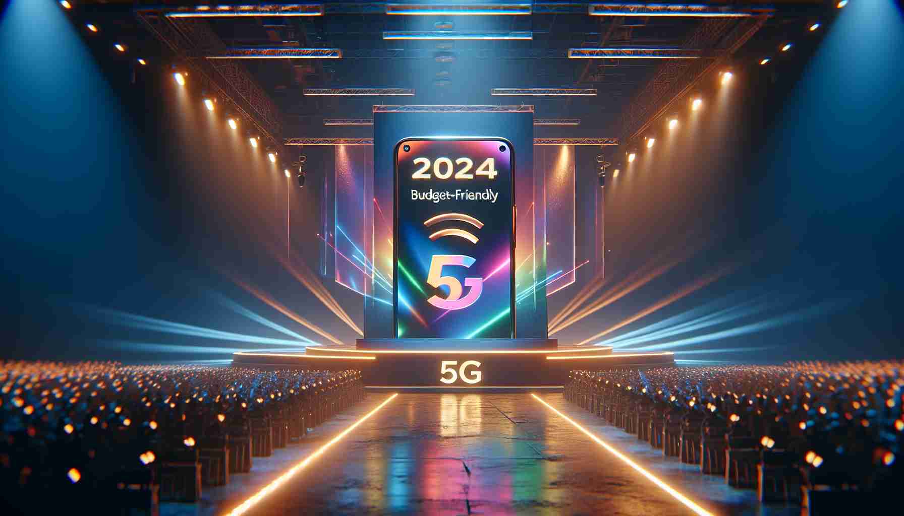 A hyper-realistic, high-definition image that shows the unveiling event of a budget-friendly 5G smartphone manufactured by an anonymous company in the year 2024. The phone has a sleek design, a large touch screen, and a 5G logo imprinted on it. The backdrop of the event is vibrantly lighted, with the text '2024 budget-friendly 5G smartphone launch' displayed prominently. The atmosphere is filled with excitement and anticipation.