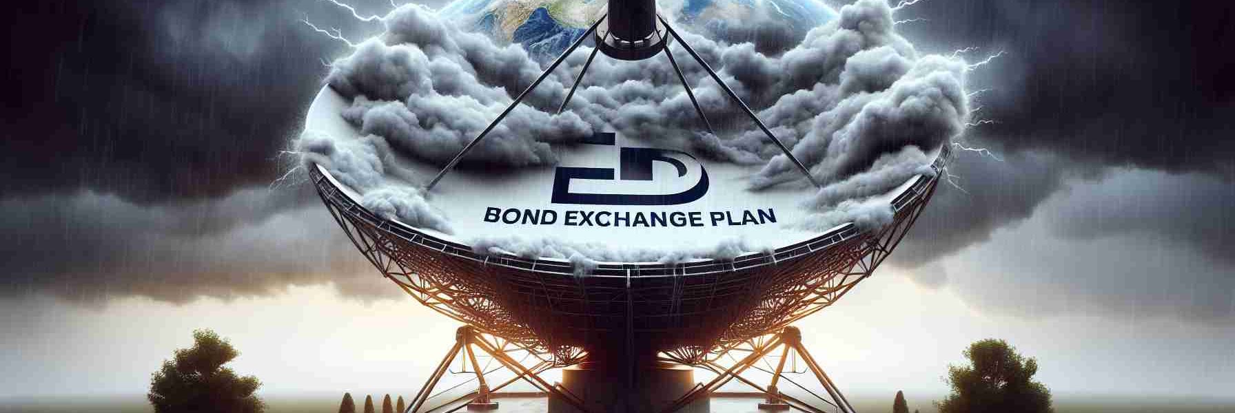 Create a realistic HD image representing the concept of a 'Bond Exchange Plan' belonging to a fictional satellite television company experiencing a major setback. Visualize this setback as a stormy weather over a satellite dish, symbolizing the distress and challenge. The company logo with 'Bond Exchange Plan' text underneath should be visible on the dish.