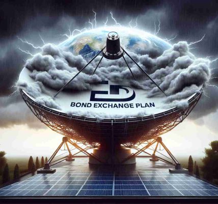 Create a realistic HD image representing the concept of a 'Bond Exchange Plan' belonging to a fictional satellite television company experiencing a major setback. Visualize this setback as a stormy weather over a satellite dish, symbolizing the distress and challenge. The company logo with 'Bond Exchange Plan' text underneath should be visible on the dish.