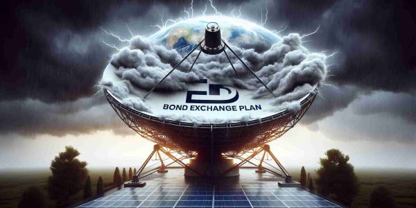 Create a realistic HD image representing the concept of a 'Bond Exchange Plan' belonging to a fictional satellite television company experiencing a major setback. Visualize this setback as a stormy weather over a satellite dish, symbolizing the distress and challenge. The company logo with 'Bond Exchange Plan' text underneath should be visible on the dish.