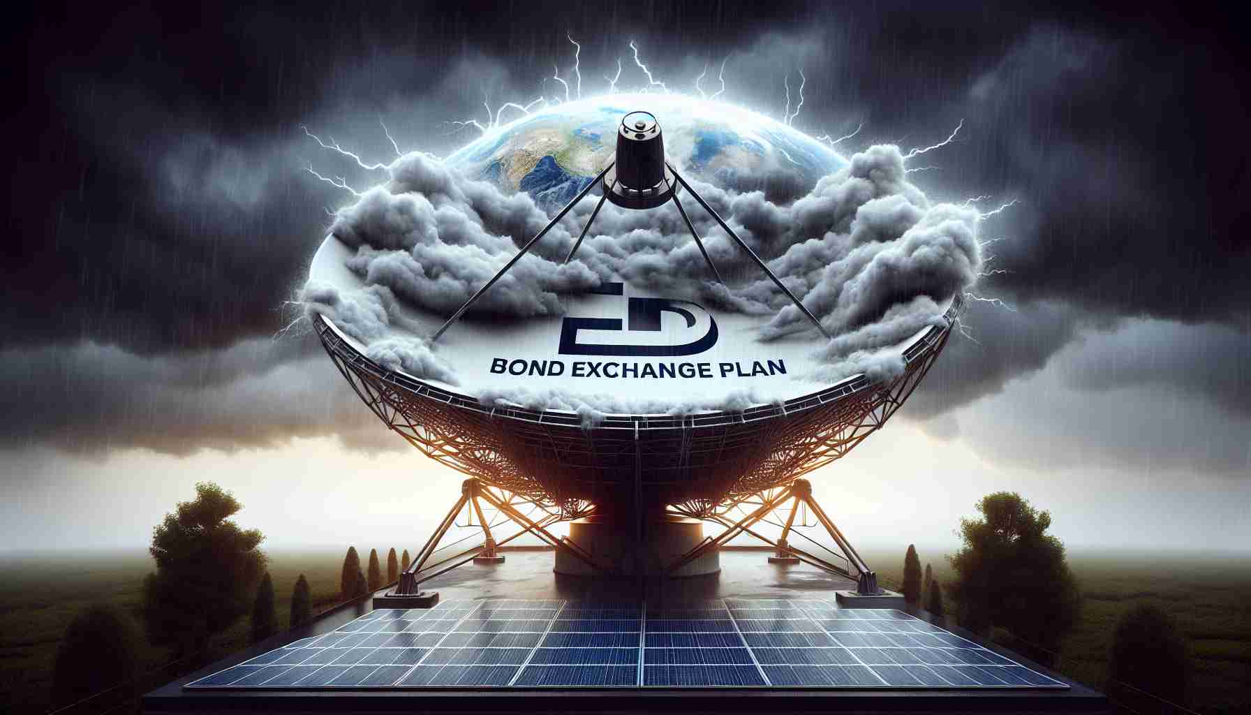 Create a realistic HD image representing the concept of a 'Bond Exchange Plan' belonging to a fictional satellite television company experiencing a major setback. Visualize this setback as a stormy weather over a satellite dish, symbolizing the distress and challenge. The company logo with 'Bond Exchange Plan' text underneath should be visible on the dish.