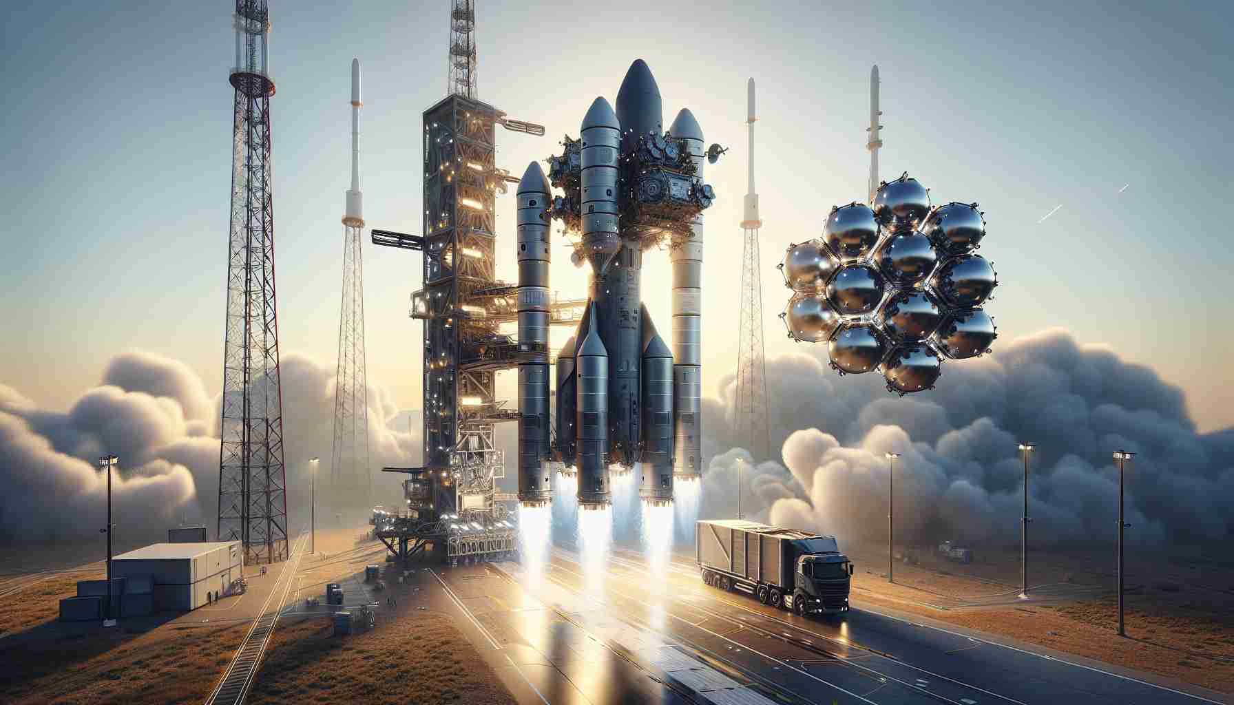 Create a realistic, high-definition image of a launch happening on a Thursday morning. A futuristic-looking spacecraft mounted on a towering rocket is ready to ascend into space, carrying a payload of multiple small satellites indicated by their compact and clustered configuration. The event represents a typical one for a contemporary private spaceflight company known for deploying internet-providing satellites. The environment should depict the typical setting of a spaceport, with clear skies above and the morning sun casting long shadows on the ground.