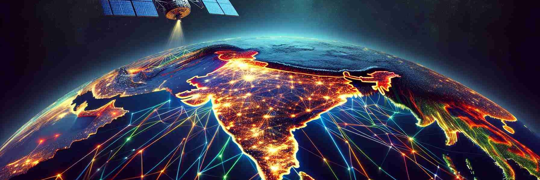 A high-definition, realistic image visualizing the concept of Starlink's entry into India's internet landscape. Picture a satellite, emblematic of Starlink, hovering over a vividly detailed map of India lit up with neon lines suggestive of an intricate network of internet connections. Use stunning contrasts and vibrant colors to highlight the progression of digital bridge across the vast subcontinent.