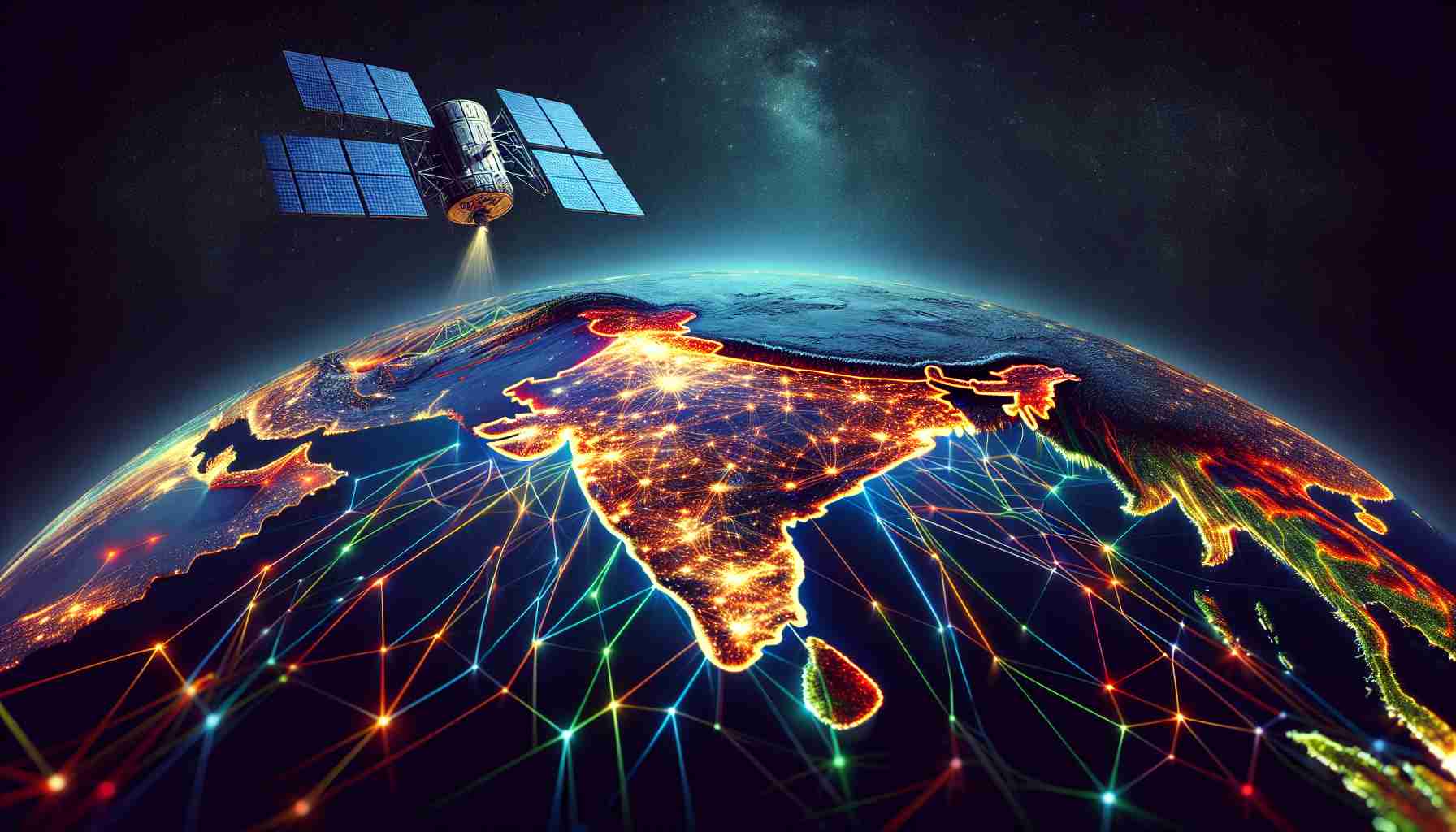 A high-definition, realistic image visualizing the concept of Starlink's entry into India's internet landscape. Picture a satellite, emblematic of Starlink, hovering over a vividly detailed map of India lit up with neon lines suggestive of an intricate network of internet connections. Use stunning contrasts and vibrant colors to highlight the progression of digital bridge across the vast subcontinent.