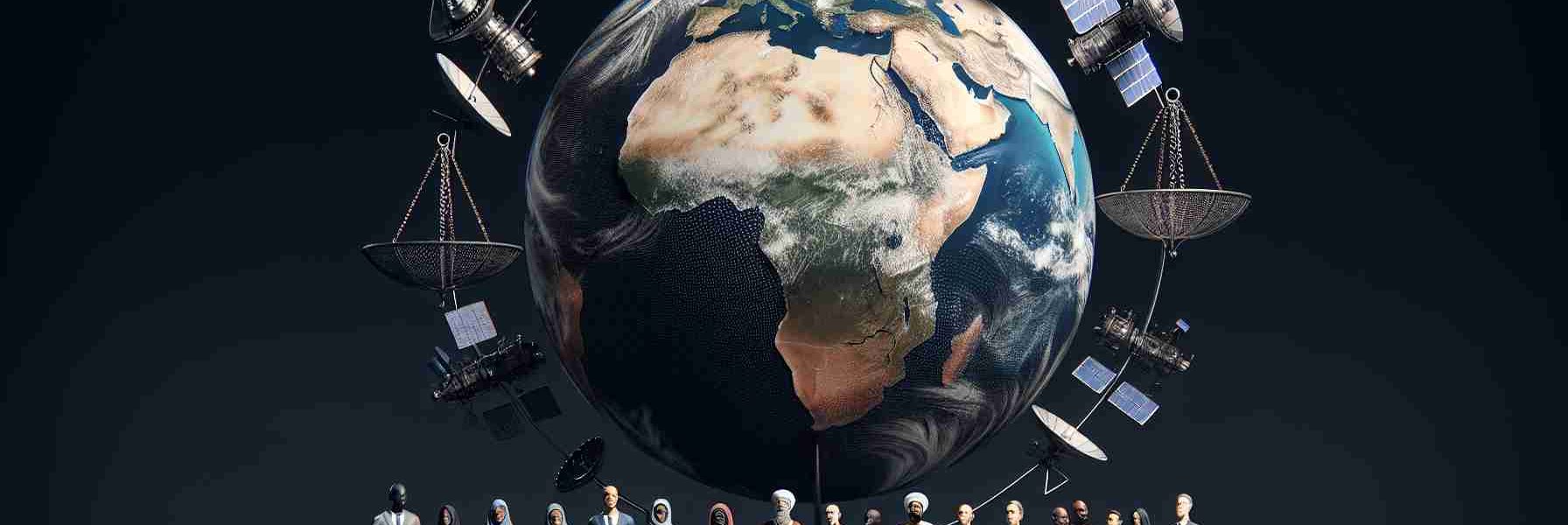 A detailed, realistic HD image depicting a globe surrounded by several satellites, symbolizing satellite surveillance. The image also has some people in the foreground, consisting of men and women of various descents such as Caucasian, South Asian, Black, Hispanic, Middle-Eastern. These people can be perceived as international representatives, they are ideally discussing the satellite surveillance issue. On one side of the image, you see scales, a universal symbol of justice; this represents the need for international accountability. The artwork features a slightly dark atmosphere to reflect the serious concerns.