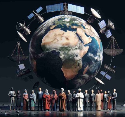 A detailed, realistic HD image depicting a globe surrounded by several satellites, symbolizing satellite surveillance. The image also has some people in the foreground, consisting of men and women of various descents such as Caucasian, South Asian, Black, Hispanic, Middle-Eastern. These people can be perceived as international representatives, they are ideally discussing the satellite surveillance issue. On one side of the image, you see scales, a universal symbol of justice; this represents the need for international accountability. The artwork features a slightly dark atmosphere to reflect the serious concerns.