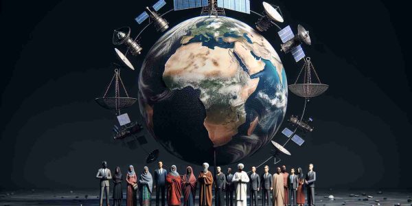 A detailed, realistic HD image depicting a globe surrounded by several satellites, symbolizing satellite surveillance. The image also has some people in the foreground, consisting of men and women of various descents such as Caucasian, South Asian, Black, Hispanic, Middle-Eastern. These people can be perceived as international representatives, they are ideally discussing the satellite surveillance issue. On one side of the image, you see scales, a universal symbol of justice; this represents the need for international accountability. The artwork features a slightly dark atmosphere to reflect the serious concerns.