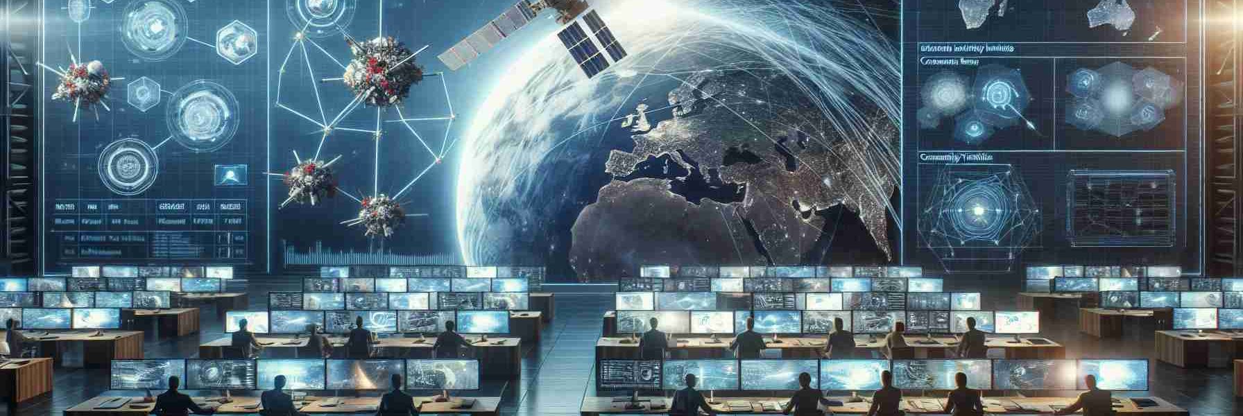 Realistic, high-definition image representing a revamping of a country's space strategy for national security. This can include elements such as satellites displayed on a large screen, people of diverse descents and genders analyzing data and strategizing in a command center, a visualization of space debris tracking, and a globe displaying connectivity networks.