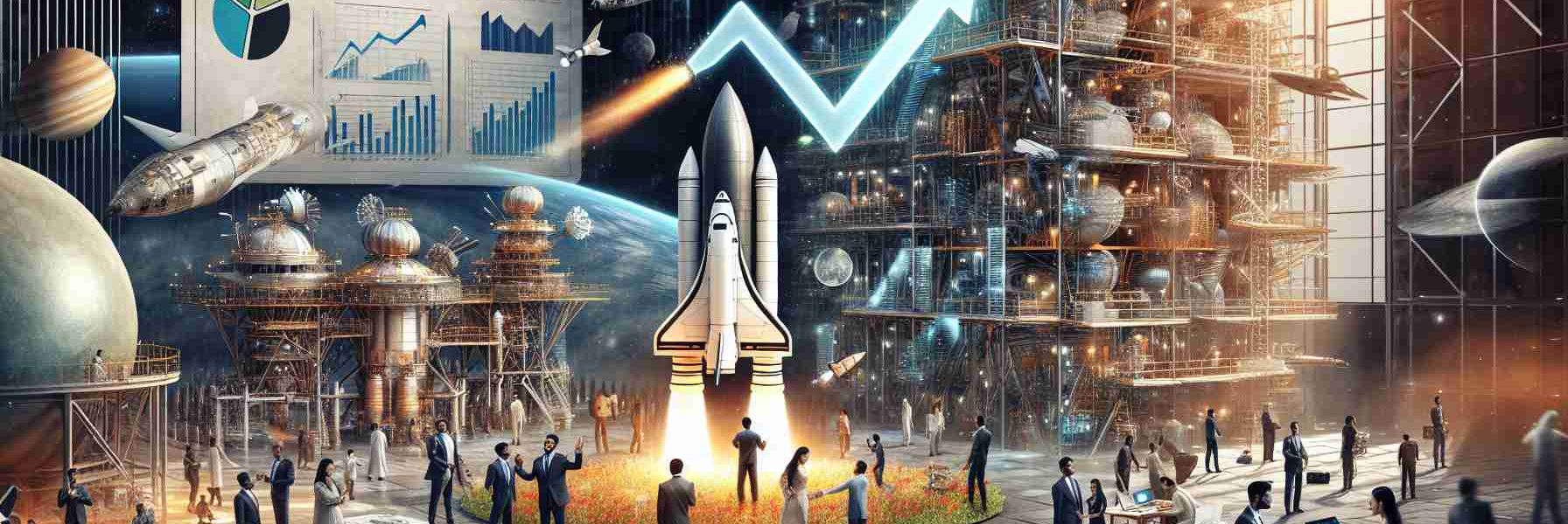 A high-definition, realistic image depicting a bustling scene within the Indian space industry. The image illustrates a positive financial flow, represented with symbolism such as upward trending financial graphs, paperwork signifying government grants, and private investments. The scene also contains individuals of various descents discussing blueprints and futuristic models of spacecraft, defying gravity to reach the cosmos. In the background, there are glimpses of advanced technology, engineers of diverse genders at work, and structures that portray India's advancements in space infrastructure.