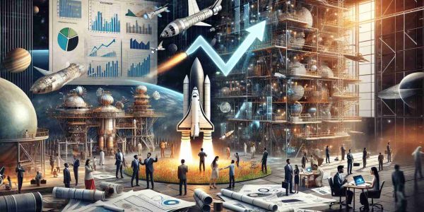 A high-definition, realistic image depicting a bustling scene within the Indian space industry. The image illustrates a positive financial flow, represented with symbolism such as upward trending financial graphs, paperwork signifying government grants, and private investments. The scene also contains individuals of various descents discussing blueprints and futuristic models of spacecraft, defying gravity to reach the cosmos. In the background, there are glimpses of advanced technology, engineers of diverse genders at work, and structures that portray India's advancements in space infrastructure.