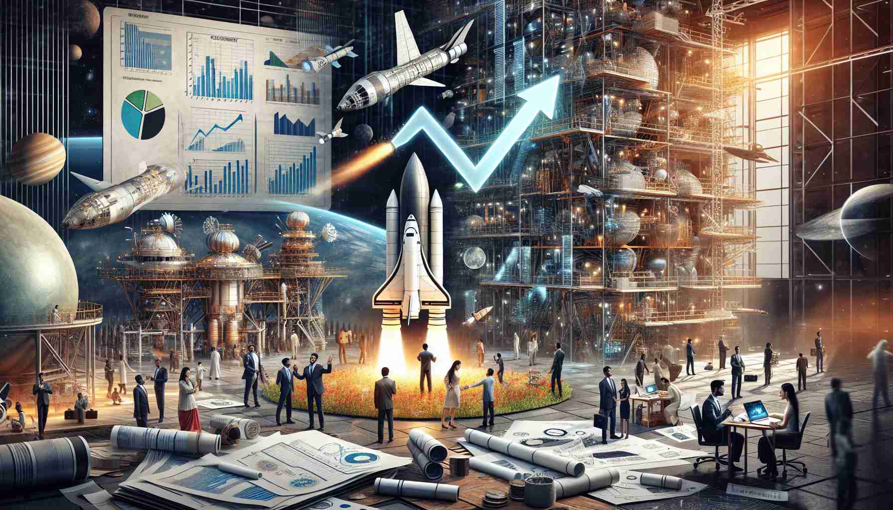 A high-definition, realistic image depicting a bustling scene within the Indian space industry. The image illustrates a positive financial flow, represented with symbolism such as upward trending financial graphs, paperwork signifying government grants, and private investments. The scene also contains individuals of various descents discussing blueprints and futuristic models of spacecraft, defying gravity to reach the cosmos. In the background, there are glimpses of advanced technology, engineers of diverse genders at work, and structures that portray India's advancements in space infrastructure.