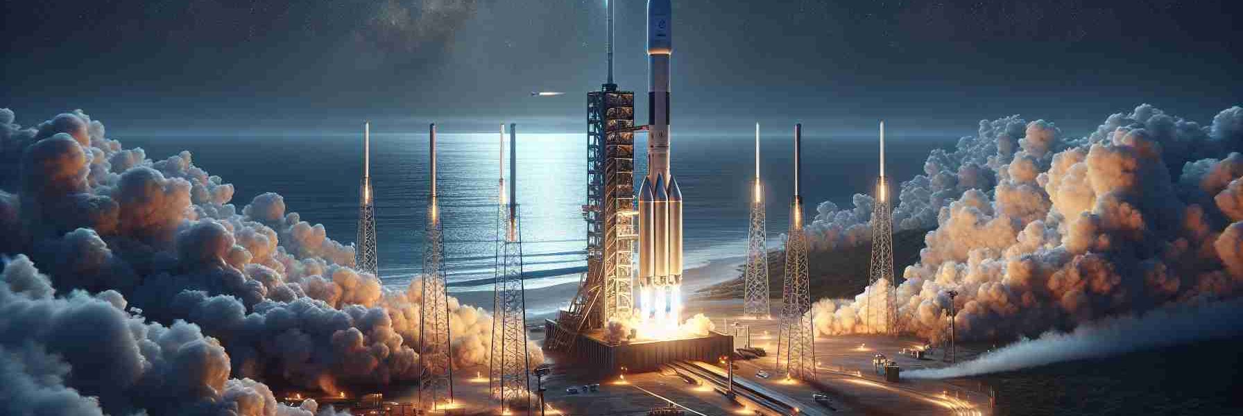 Detailed, realistic, and high-definition image of an upcoming fictional private space company's rocket launch. The launch is set to deploy a new batch of internet satellite network, akin to Starlink satellites, into low Earth orbit. Set the scene at a seaside launch pad with the anticipation of the crowd and the fiery exhaust of the engines as they are ignited for lift-off. Include the sparkling night sky and the sheer size and enormity of the construction of the massive rocket, with the magnificent view of the ocean as the backdrop.