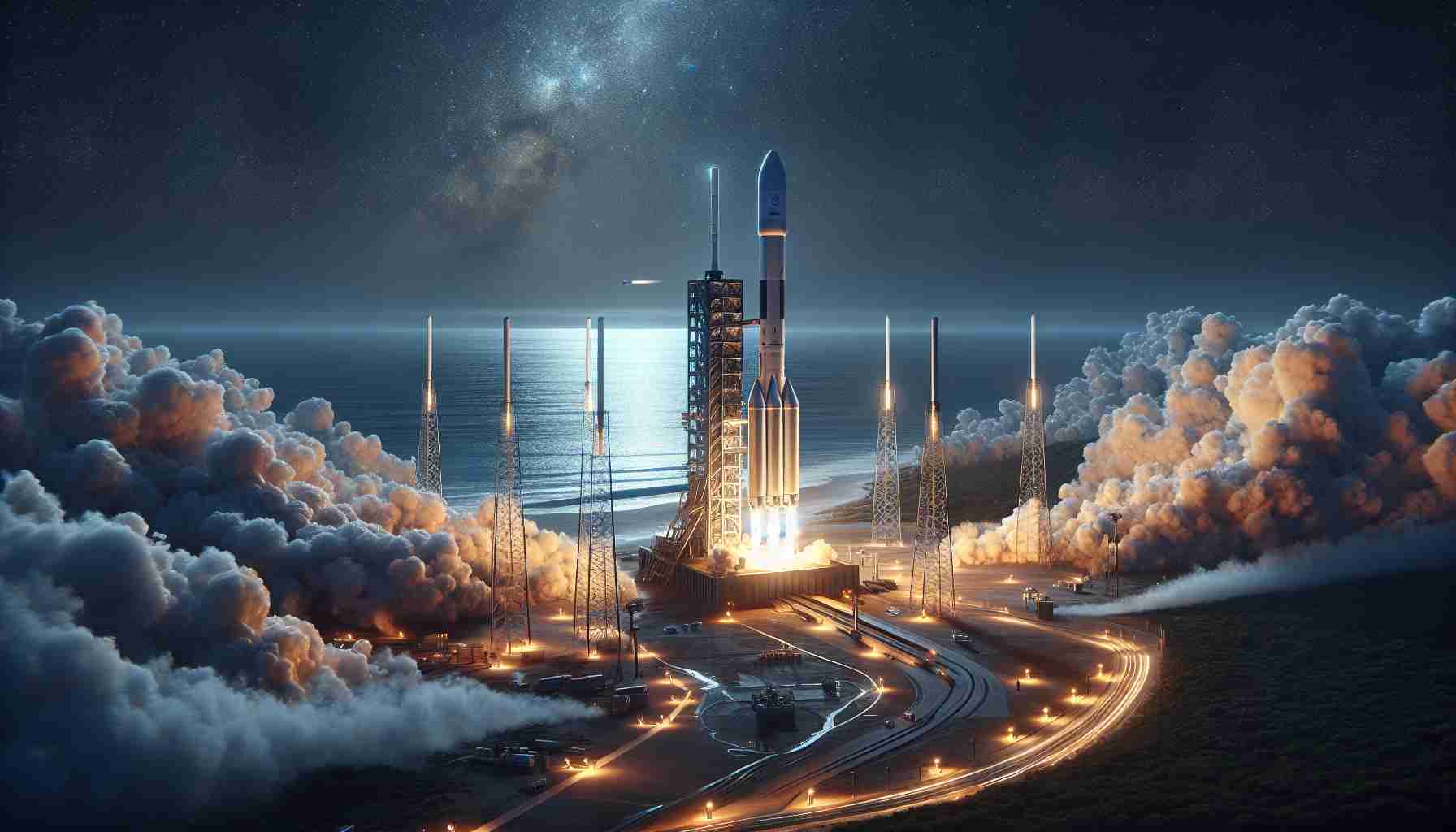 Detailed, realistic, and high-definition image of an upcoming fictional private space company's rocket launch. The launch is set to deploy a new batch of internet satellite network, akin to Starlink satellites, into low Earth orbit. Set the scene at a seaside launch pad with the anticipation of the crowd and the fiery exhaust of the engines as they are ignited for lift-off. Include the sparkling night sky and the sheer size and enormity of the construction of the massive rocket, with the magnificent view of the ocean as the backdrop.