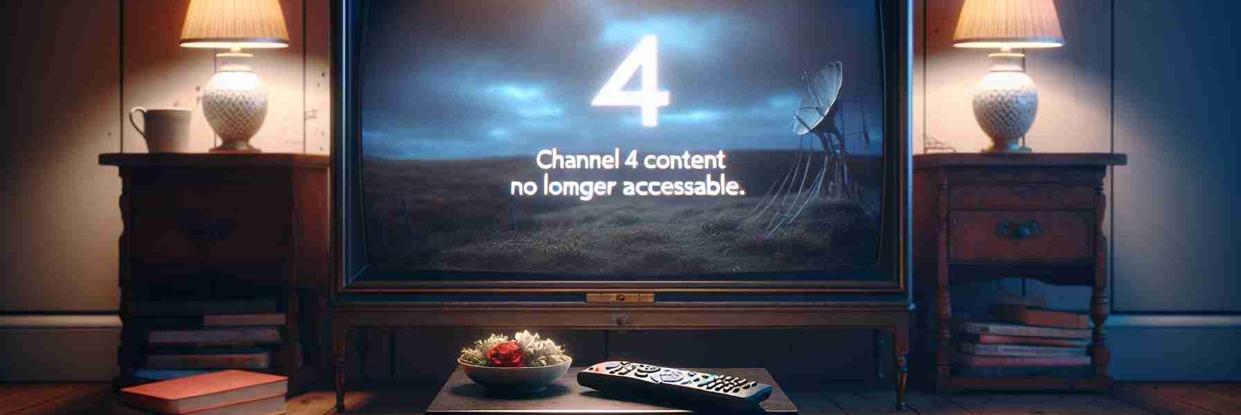 An HD quality realistic image showing an old Sky box with a message displayed on the television screen. The message says 'Channel 4 Content No Longer Accessible'. The television and the Sky box are set in a cozy domestic setting with ambient lighting.