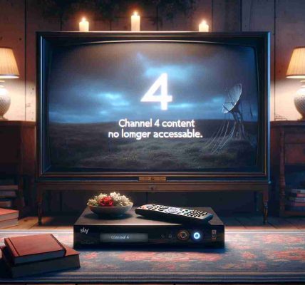 An HD quality realistic image showing an old Sky box with a message displayed on the television screen. The message says 'Channel 4 Content No Longer Accessible'. The television and the Sky box are set in a cozy domestic setting with ambient lighting.