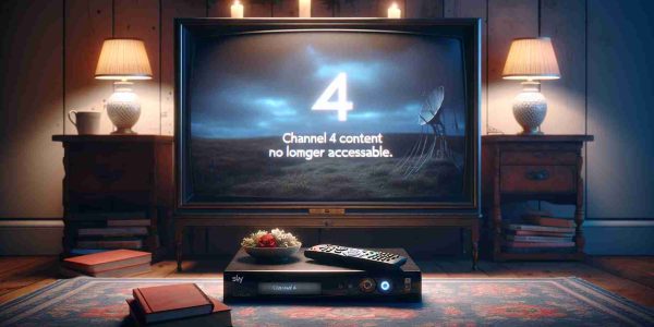 An HD quality realistic image showing an old Sky box with a message displayed on the television screen. The message says 'Channel 4 Content No Longer Accessible'. The television and the Sky box are set in a cozy domestic setting with ambient lighting.