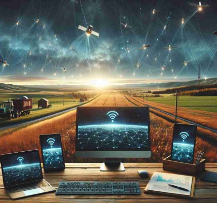 Create a realistic high-definition image representing the partnership between a Canadian province known for its vast landscapes and a fictional private space company to extend internet access in rural areas. The image should depict a rural setting with computer devices showing strong internet signals and a sky filled with tiny, bright satellites.