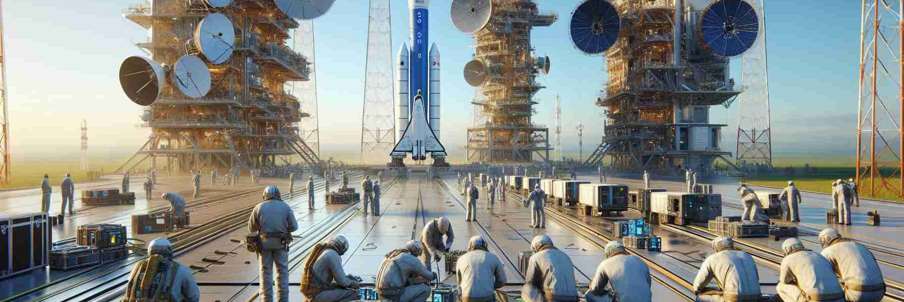 Create a realistic, high-definition image depicting the process of preparing Starlink internet service for launch in India. The scene should depict ground-based equipment, including satellites and launch towers, against a backdrop of a clear, blue sky. Technicians of diverse descents such as Caucasian, Hispanic, Middle-Eastern, and South Asian can be seen busily readying the equipment for launch. The logo of the Starlink can be visible on some of the equipment.