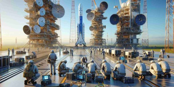 Create a realistic, high-definition image depicting the process of preparing Starlink internet service for launch in India. The scene should depict ground-based equipment, including satellites and launch towers, against a backdrop of a clear, blue sky. Technicians of diverse descents such as Caucasian, Hispanic, Middle-Eastern, and South Asian can be seen busily readying the equipment for launch. The logo of the Starlink can be visible on some of the equipment.