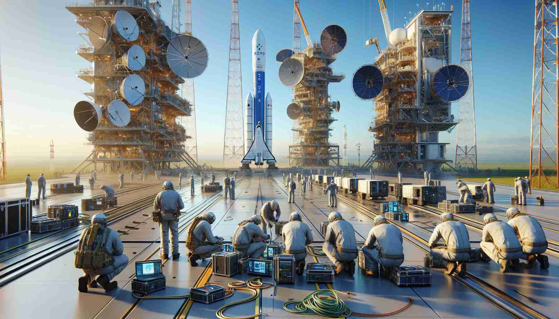 Create a realistic, high-definition image depicting the process of preparing Starlink internet service for launch in India. The scene should depict ground-based equipment, including satellites and launch towers, against a backdrop of a clear, blue sky. Technicians of diverse descents such as Caucasian, Hispanic, Middle-Eastern, and South Asian can be seen busily readying the equipment for launch. The logo of the Starlink can be visible on some of the equipment.