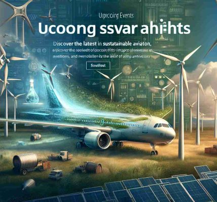 Generate a realistic, high-definition image representing the spotlight on upcoming major shifts in aviation. Illustrate elements that signify sustainability and innovations in the aviation industry. The scene can encompass modern airplanes powered by alternative fuels, wind turbines indicating renewable energy, and the idea of 'green skies'. The words 'Upcoming Events' and 'Discover the Latest in Sustainable Aviation' should be prominently featured as textual elements in the image, indicating the modern changes and advancements in the aviation sector.