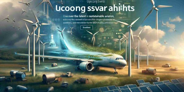 Generate a realistic, high-definition image representing the spotlight on upcoming major shifts in aviation. Illustrate elements that signify sustainability and innovations in the aviation industry. The scene can encompass modern airplanes powered by alternative fuels, wind turbines indicating renewable energy, and the idea of 'green skies'. The words 'Upcoming Events' and 'Discover the Latest in Sustainable Aviation' should be prominently featured as textual elements in the image, indicating the modern changes and advancements in the aviation sector.