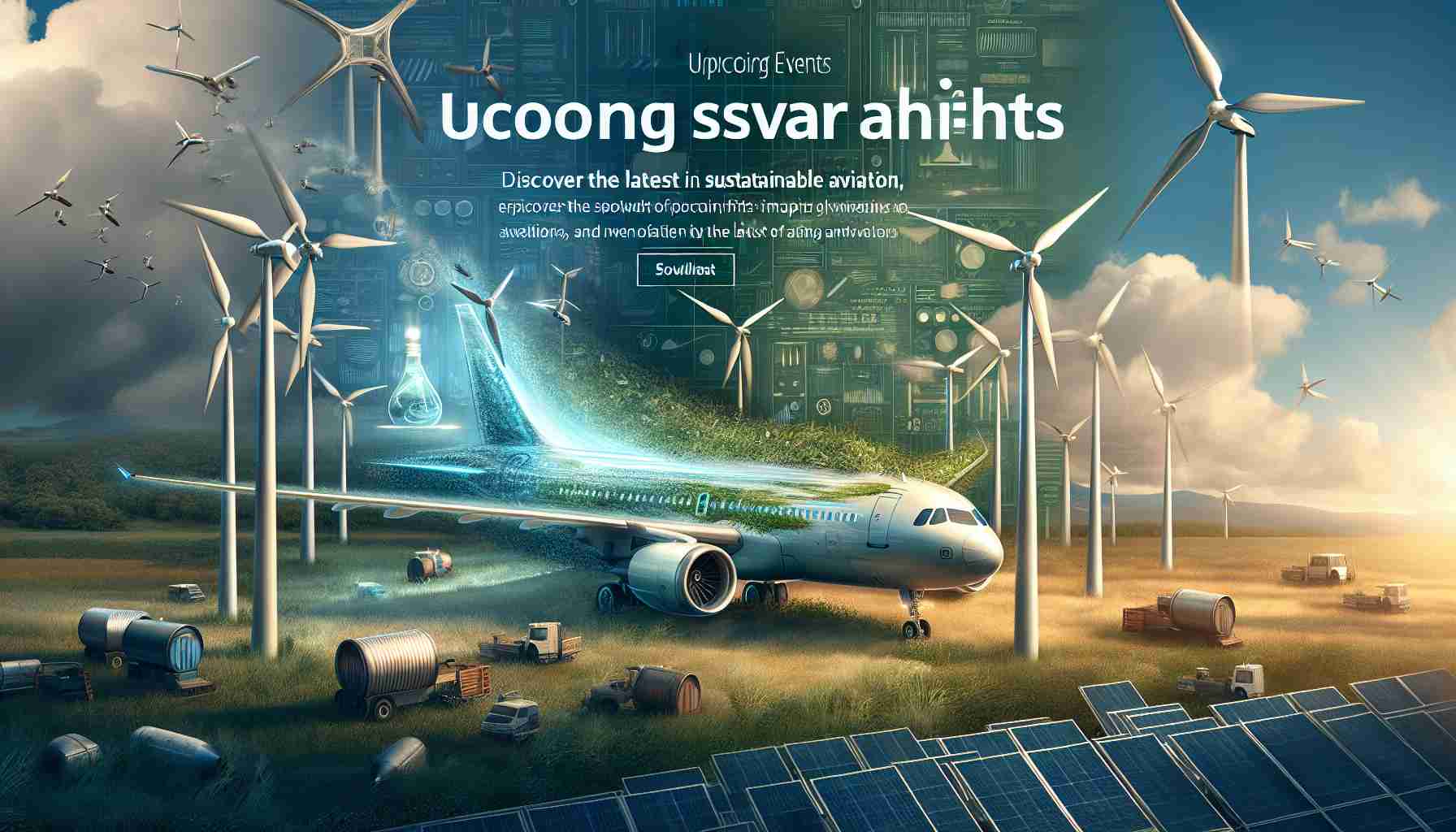 Generate a realistic, high-definition image representing the spotlight on upcoming major shifts in aviation. Illustrate elements that signify sustainability and innovations in the aviation industry. The scene can encompass modern airplanes powered by alternative fuels, wind turbines indicating renewable energy, and the idea of 'green skies'. The words 'Upcoming Events' and 'Discover the Latest in Sustainable Aviation' should be prominently featured as textual elements in the image, indicating the modern changes and advancements in the aviation sector.