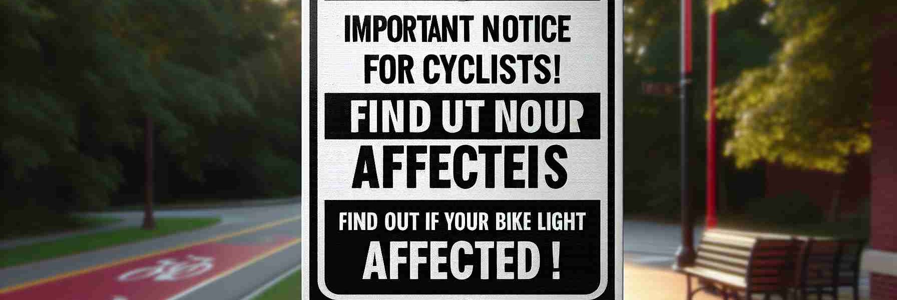 Generate a high-definition, realistic image depicting a sign with bold lettering that reads 'Important Notice for Cyclists! Find Out If Your Bike Light Is Affected!' The sign should be outdoors in a setting commonly frequented by cyclists, like a bike lane or park.