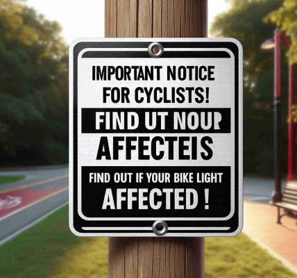 Generate a high-definition, realistic image depicting a sign with bold lettering that reads 'Important Notice for Cyclists! Find Out If Your Bike Light Is Affected!' The sign should be outdoors in a setting commonly frequented by cyclists, like a bike lane or park.