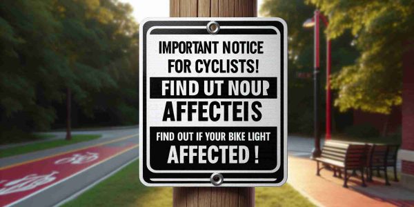 Generate a high-definition, realistic image depicting a sign with bold lettering that reads 'Important Notice for Cyclists! Find Out If Your Bike Light Is Affected!' The sign should be outdoors in a setting commonly frequented by cyclists, like a bike lane or park.