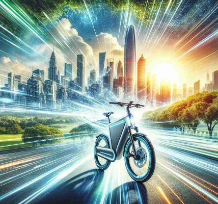 A creative envisioning of the high definition representation of a ndew era of transportation. Imagine a radiant, shiny electric bike at the forefront of the image with a sleek, innovative design that hints at speed, stamina and sustainability. The background is filled with a bustling, modern cityscape that blends harmoniously with nature - tall skyscrapers and lush green parks coexist in this future city, powered by renewable energy. It's a sunny day with the large, bright sun beaming down. Imbed the vibe of revolution, future, and sustainable transport.