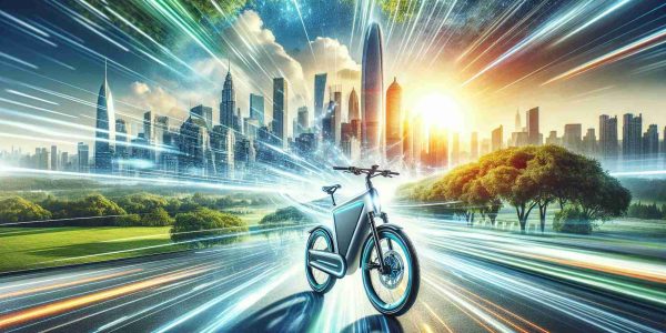 A creative envisioning of the high definition representation of a ndew era of transportation. Imagine a radiant, shiny electric bike at the forefront of the image with a sleek, innovative design that hints at speed, stamina and sustainability. The background is filled with a bustling, modern cityscape that blends harmoniously with nature - tall skyscrapers and lush green parks coexist in this future city, powered by renewable energy. It's a sunny day with the large, bright sun beaming down. Imbed the vibe of revolution, future, and sustainable transport.