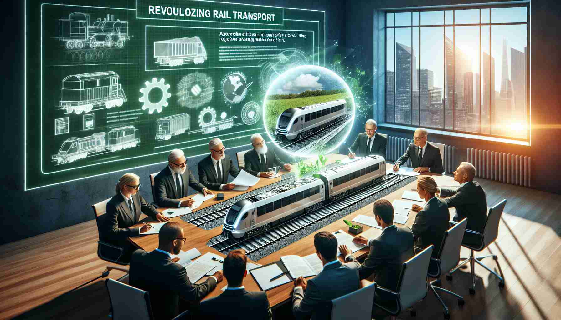 Generate a realistic high-definition photo depicting a scene of a major contract being secured for revolutionizing rail transport. The scene can include business people around a conference table with an open document indicating the signed contract. Also, convey the innovation in greener freight solutions, perhaps by including blueprints or digital models of eco-friendly train designs or a holographic display showing greener methods of rail transportation. Generate the image with a tone of optimism, progress, and environmental preservation.