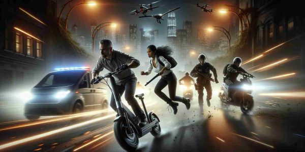 Create a high-definition, realistic image depicting an intense and exciting scene set during night time. Every element is illuminated by the harsh yet beautiful city lights. There are E-bikes zooming in the foreground with very clear intent for a chase. In the middle of the action, there's a Hispanic woman and a Caucasian man, both in their 30s, determined and focused. The woman is on one of the E-bikes while the man is catching up on foot, representing law enforcement. The scene concludes with a dramatic end where the woman is being arrested. Also include silhouettes of city architecture in the background.