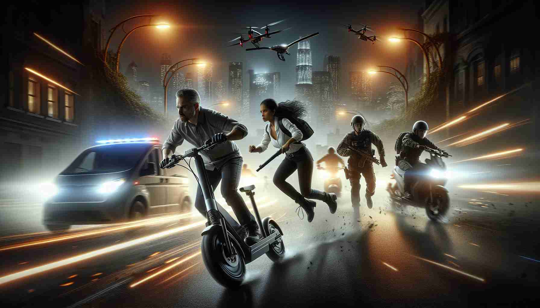 Create a high-definition, realistic image depicting an intense and exciting scene set during night time. Every element is illuminated by the harsh yet beautiful city lights. There are E-bikes zooming in the foreground with very clear intent for a chase. In the middle of the action, there's a Hispanic woman and a Caucasian man, both in their 30s, determined and focused. The woman is on one of the E-bikes while the man is catching up on foot, representing law enforcement. The scene concludes with a dramatic end where the woman is being arrested. Also include silhouettes of city architecture in the background.