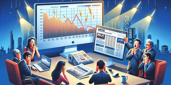 Create a high-definition image that visually represents a shocking news report about 'Ampere', a company experiencing a significant decrease in revenue. The scene should include elements like a newspaper or computer screen showcasing line charts and graphs that depict the revenue drop, and others expressing concern or surprise looking at these dramatic figures.