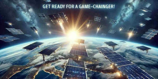 Create a realistic, high-definition image showcasing the concept of 'Solar Power from Space'. Imagine large, orbiting solar panels collecting energy from the sun in the vast expanse of space. The Earth seen beneath is showers in beautiful sun rays, symbolizing a clean, renewable energy source. Bold letters float in the sky, creating a motivational tagline: 'Get Ready for a Game-Changer!'