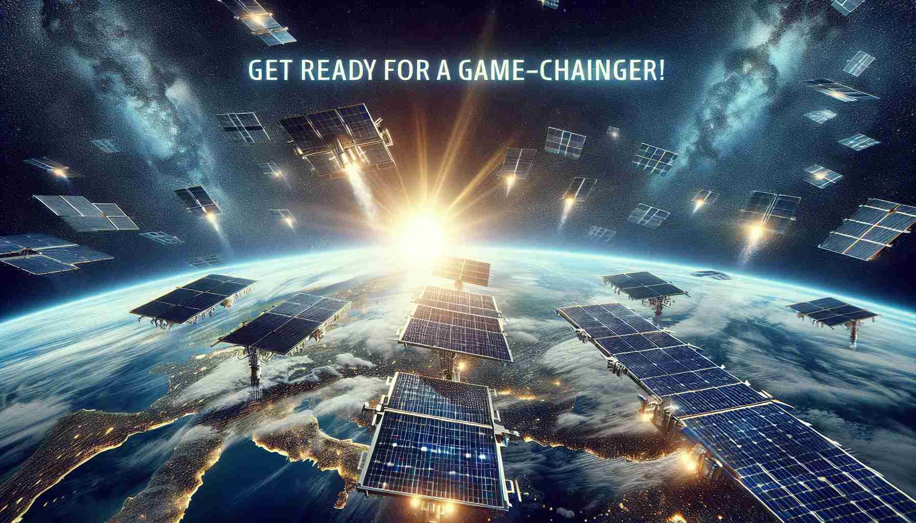 Create a realistic, high-definition image showcasing the concept of 'Solar Power from Space'. Imagine large, orbiting solar panels collecting energy from the sun in the vast expanse of space. The Earth seen beneath is showers in beautiful sun rays, symbolizing a clean, renewable energy source. Bold letters float in the sky, creating a motivational tagline: 'Get Ready for a Game-Changer!'