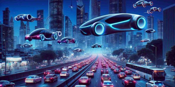 Imagine a future commuting scene where traditional traffic has been transformed. Picture a crystal-clear, high-definition image of various types of futuristic vehicles soaring in the sky above the gridlock of traditional cars. The vehicles, sleek and diverse in design, reflect the glow of the city lights below. The scene captures a sense of awe and innovation, showing a stark contrast between the old and new modes of transportation. Sky scrapers serve as a backdrop, their windows glittering against the indigo twilight sky. This representation should highlight the revolutionary shift in over-traffic commuting.