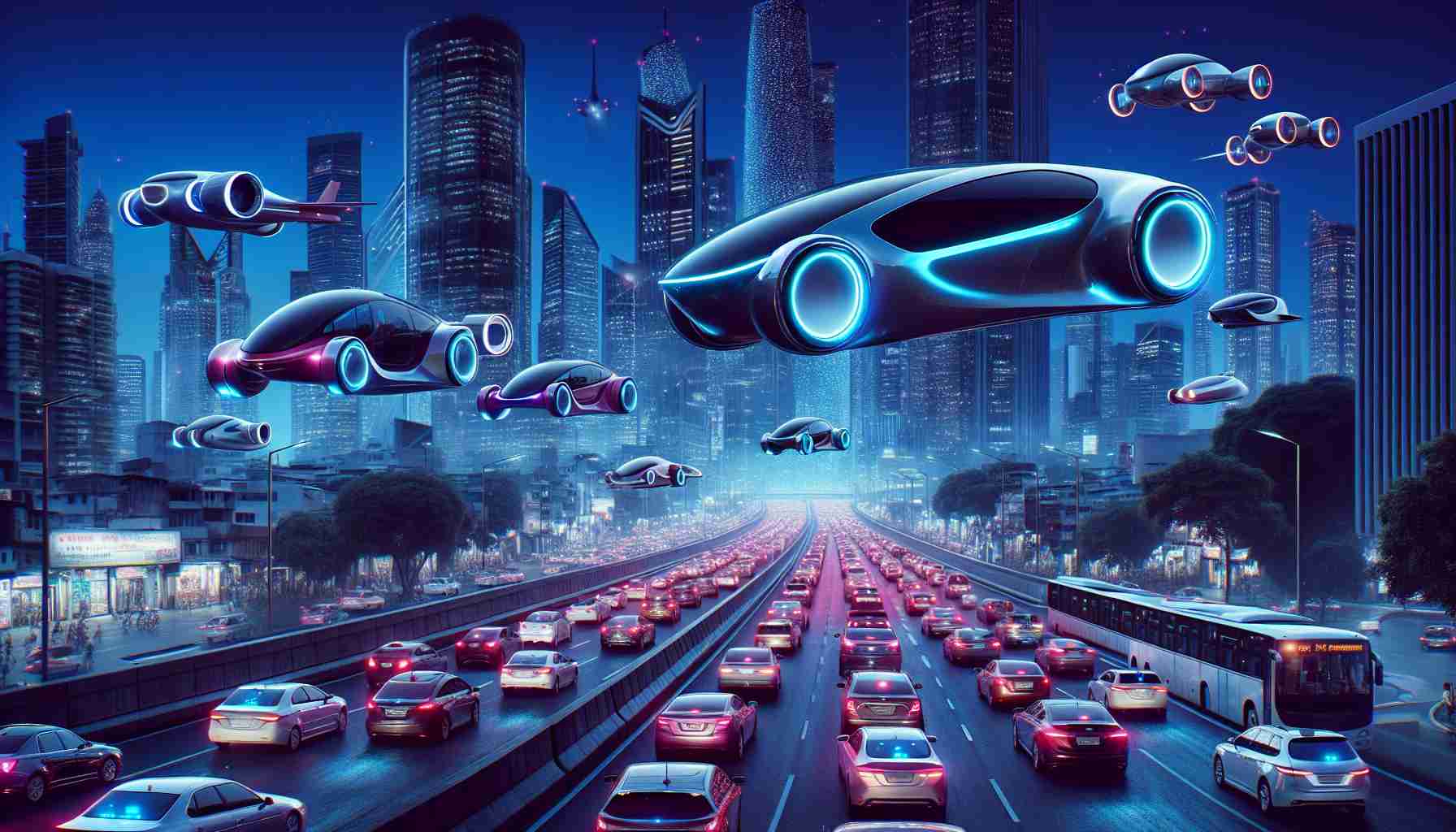 Imagine a future commuting scene where traditional traffic has been transformed. Picture a crystal-clear, high-definition image of various types of futuristic vehicles soaring in the sky above the gridlock of traditional cars. The vehicles, sleek and diverse in design, reflect the glow of the city lights below. The scene captures a sense of awe and innovation, showing a stark contrast between the old and new modes of transportation. Sky scrapers serve as a backdrop, their windows glittering against the indigo twilight sky. This representation should highlight the revolutionary shift in over-traffic commuting.