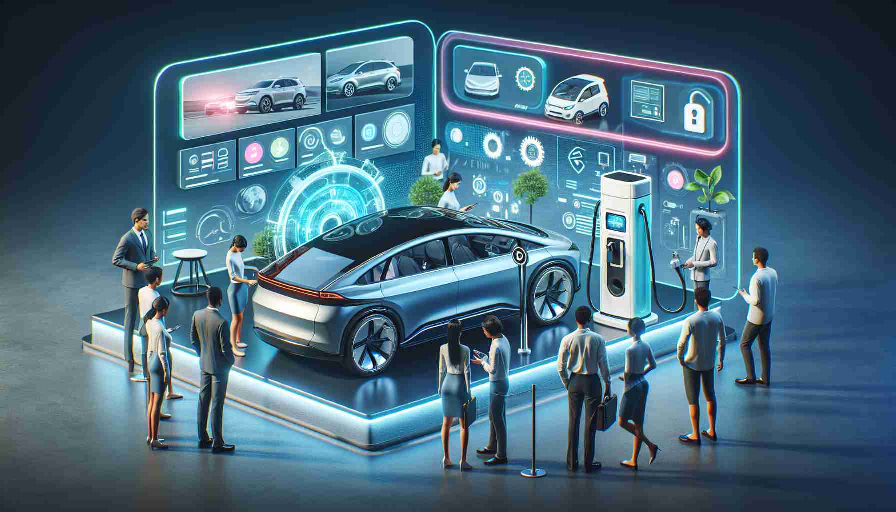 High definition image depicting the concept of future electric vehicle education. Showcase an informative scenario where individuals of diverse descents and genders are interacting with advanced electric vehicles. Include visuals like a sleek, modern electric vehicle, a charging station, and perhaps a touchscreen interactive educational display that highlights various aspects of electric vehicle technology. The scene should emit an overall feeling of innovation, technological progress, and readiness for a sustainable future.