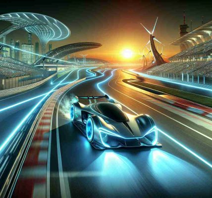 A high-definition, realistic image illustrating the theme 'Revolutionizing Speed: The Future is Electric!'. The visual includes a cutting-edge, electric race car blazing down a futurism-inspired racing circuit. The background is filled with innovative architecture fitting for a vibrant, eco-friendly future. On the horizon, a glowing sun is setting, shedding light on the electrifying future of speed racing.