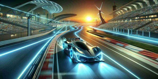 A high-definition, realistic image illustrating the theme 'Revolutionizing Speed: The Future is Electric!'. The visual includes a cutting-edge, electric race car blazing down a futurism-inspired racing circuit. The background is filled with innovative architecture fitting for a vibrant, eco-friendly future. On the horizon, a glowing sun is setting, shedding light on the electrifying future of speed racing.