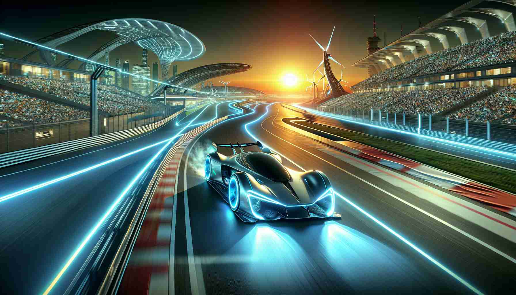 A high-definition, realistic image illustrating the theme 'Revolutionizing Speed: The Future is Electric!'. The visual includes a cutting-edge, electric race car blazing down a futurism-inspired racing circuit. The background is filled with innovative architecture fitting for a vibrant, eco-friendly future. On the horizon, a glowing sun is setting, shedding light on the electrifying future of speed racing.