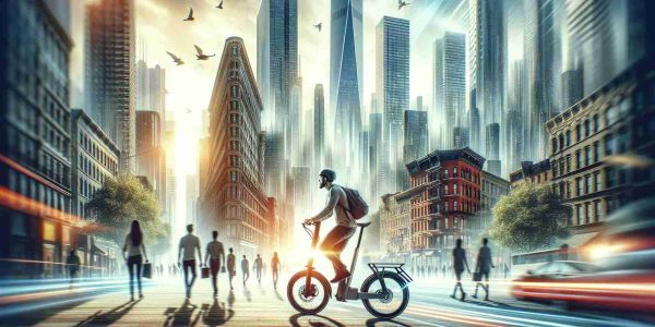 A high-definition, realistic rendition of a revolution in urban mobility! Visualize an electric bike, modern and sleek, revolutionizing the transportation scene in a city reminiscent of New York. The diverse cityscape with its towering skyscrapers and bustling streets, the bike, a symbol of change, stands out. People of various descents and genders use these e-bikes for commuting, showcasing the transformation of urban travel. Remember to portray the vibrance and energy of these transitional moments. The emphasis is on portraying this dramatic shift from traditional to sustainable and modern means of transportation.