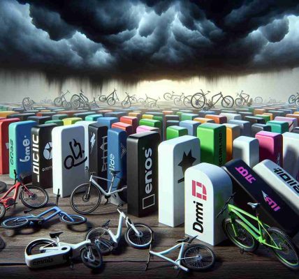 An image depicting a metaphorical representation of the current crisis in the e-bike industry. In the foreground, render a series of branded e-bikes metaphorically represented as dominoes toppling over, symbolizing major brands falling. The bikes should be varying in styles and colors to indicate diversity among brands. The backdrop should portray an ominous, dark stormy cloud, a visual metaphor indicating an uncertain future. The overall image should entail a sense of drama and tension, reflecting the seriousness of the situation.