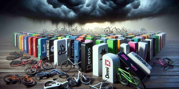 An image depicting a metaphorical representation of the current crisis in the e-bike industry. In the foreground, render a series of branded e-bikes metaphorically represented as dominoes toppling over, symbolizing major brands falling. The bikes should be varying in styles and colors to indicate diversity among brands. The backdrop should portray an ominous, dark stormy cloud, a visual metaphor indicating an uncertain future. The overall image should entail a sense of drama and tension, reflecting the seriousness of the situation.