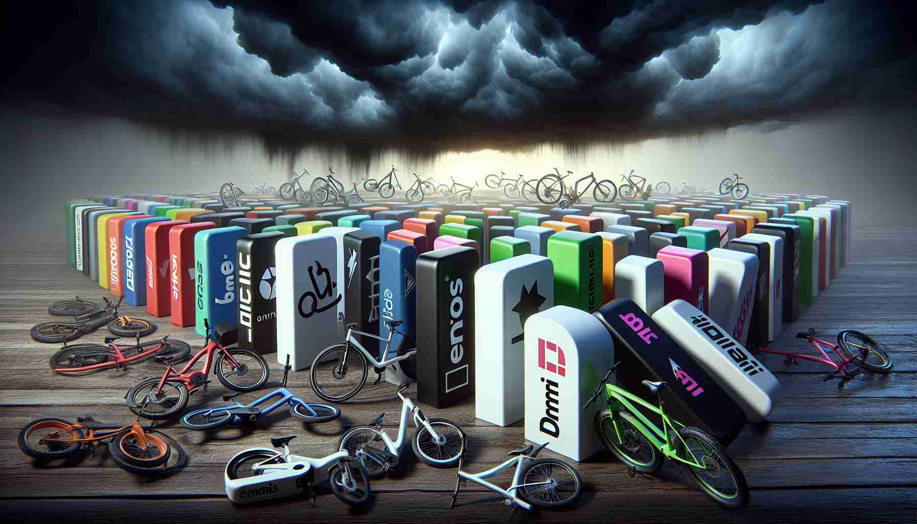 An image depicting a metaphorical representation of the current crisis in the e-bike industry. In the foreground, render a series of branded e-bikes metaphorically represented as dominoes toppling over, symbolizing major brands falling. The bikes should be varying in styles and colors to indicate diversity among brands. The backdrop should portray an ominous, dark stormy cloud, a visual metaphor indicating an uncertain future. The overall image should entail a sense of drama and tension, reflecting the seriousness of the situation.