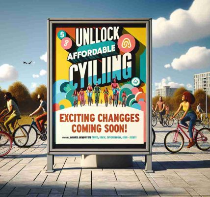 A realistic, high-definition image of a poster promoting affordable cycling. The poster features vibrant typography stating 'Unlock Affordable Cycling! Exciting Changes Coming Soon!' There could be a variety of bicycles in the background, whether parked or being ridden by people from diverse descents and genders. Sky could be included, carrying an aura of optimism and possibility. Similarly, trees and an urban setting (building, park, etc.) can enrich the overall composition.